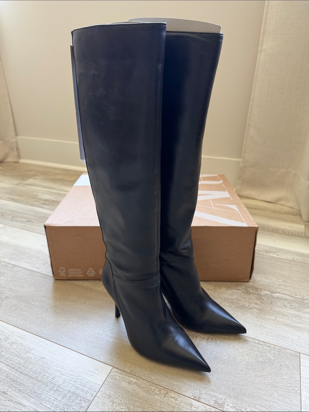 MANGO NATASHA Leather Women  Black Knee-High Pointed-Toe Boot size 38